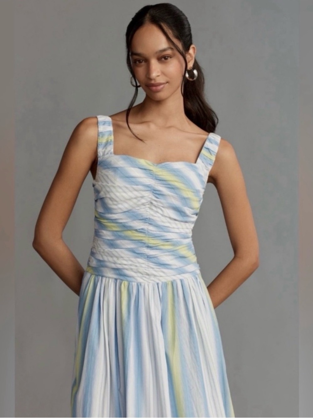 NWT Anthropologie Smocked Stripe Maxi Dress | Blue White Green | Size L - Picture 2 of 4